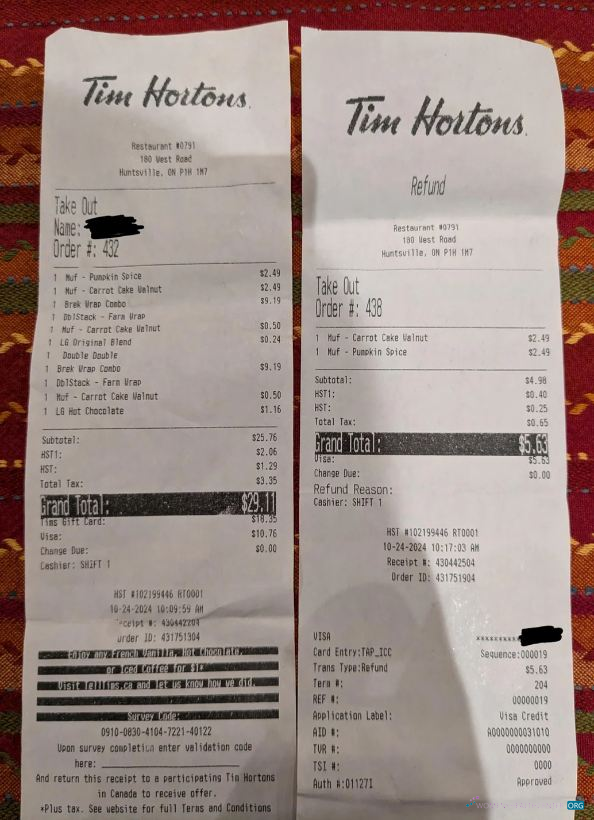 Download Tim Hortons company payment receipt Photoshop template
